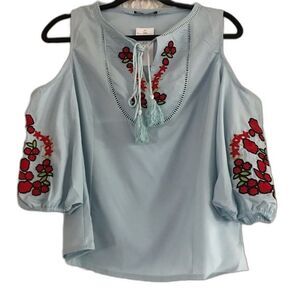 Adeline blue top women cold shoulder  floral  embroidery size M cottage core